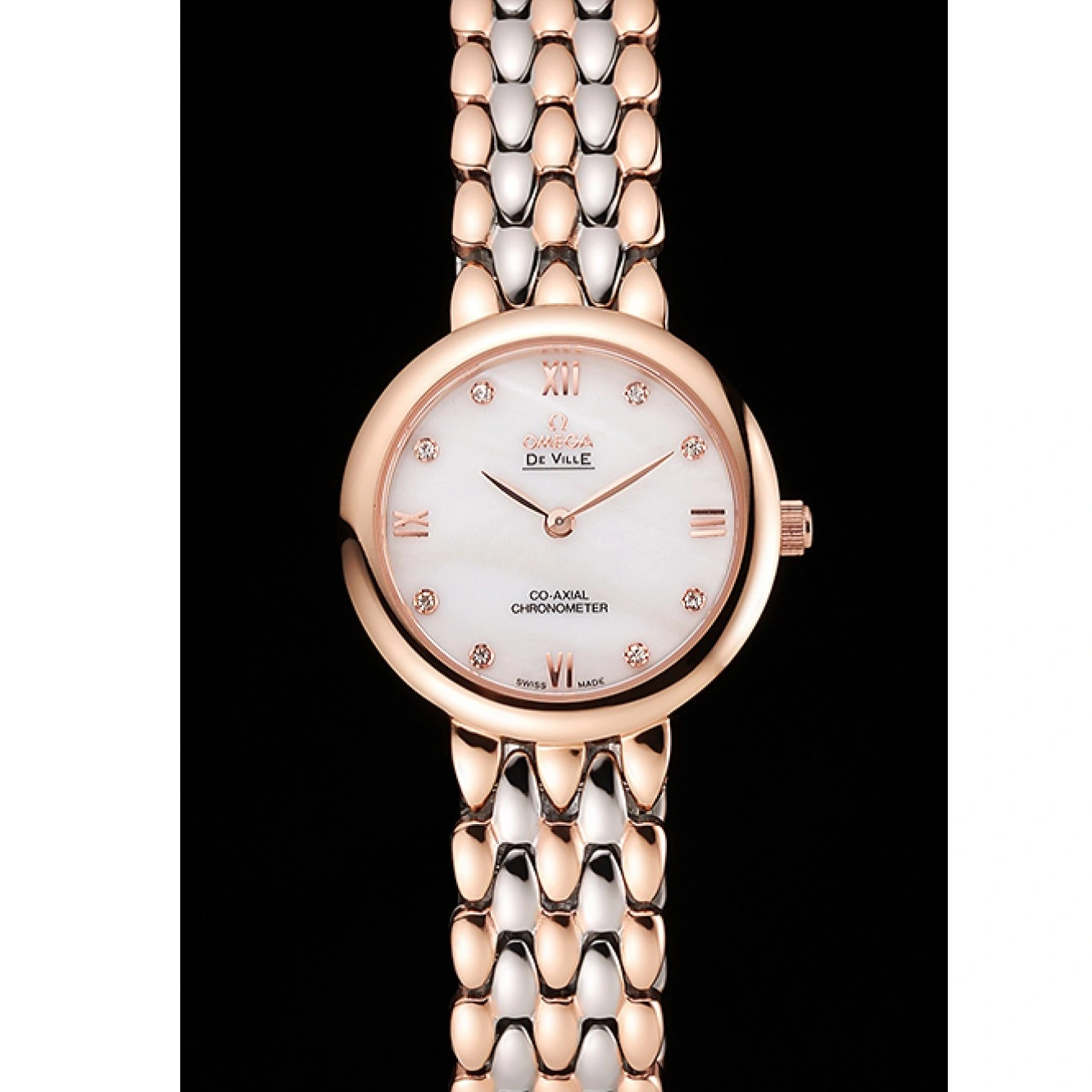 1015 Omega De Ville Prestige No Date White Dial With Diamonds Rose Gold Case Two Tone Bracelet